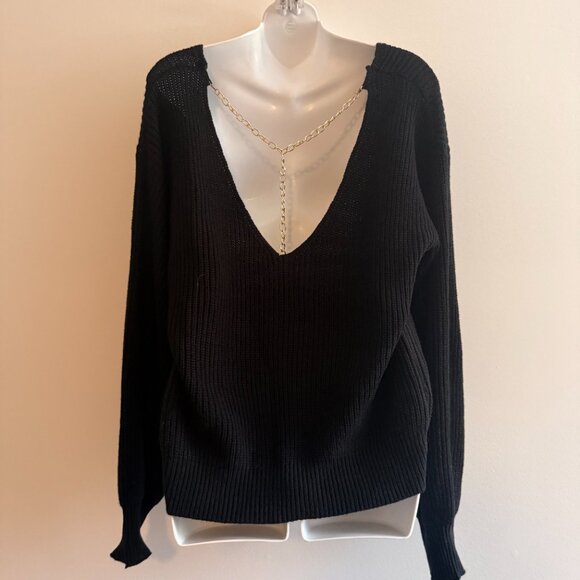 Black Open Back Gold Chain Detail Sweater | Slouchy Knit | Size L - Picture 6 of 10